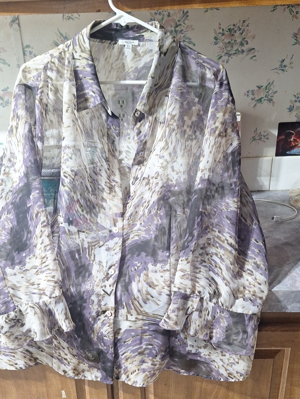 NICOLA Lavender and Cream Abstract Print Sheer Blouse, 100 Polyester.